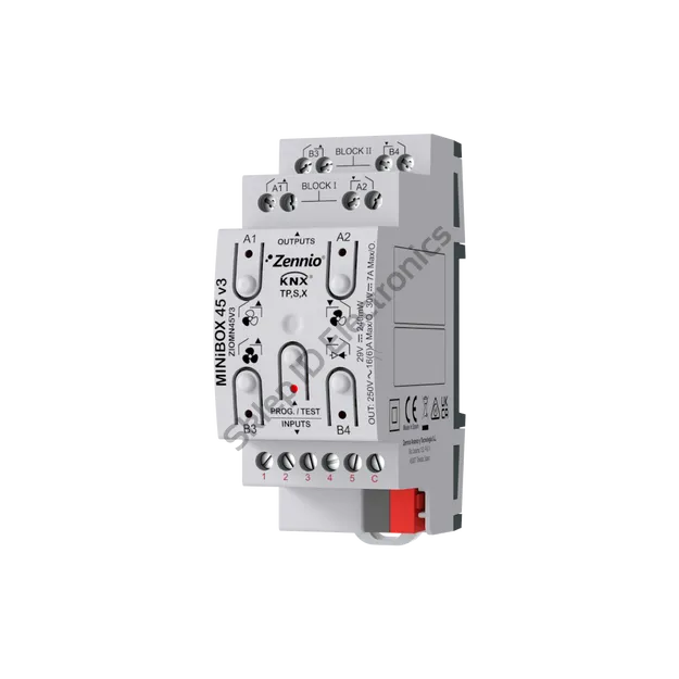 MINIBOX45 MN45 v3► moduł wielofunkcyjny KNX: 4 wyjścia 16A + 5 wejść analogowo-binarne